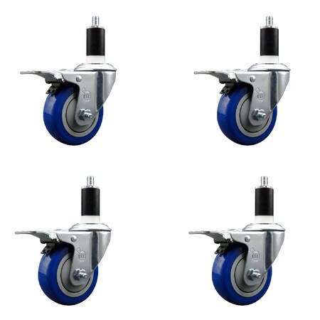 Service Caster 3.5'' Blue Poly Swivel 1-3/8'' Expanding Stem Caster Set Total Lock Brake, 4PK SCC-EXTTL20S3514-PPUB-BLUE-138-4